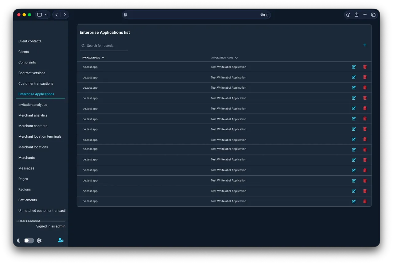 Admin UI white-label applications list